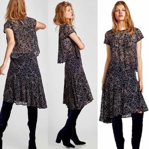 Zara Navy Blue Asymmetric Lace Skirt size L NWOT
